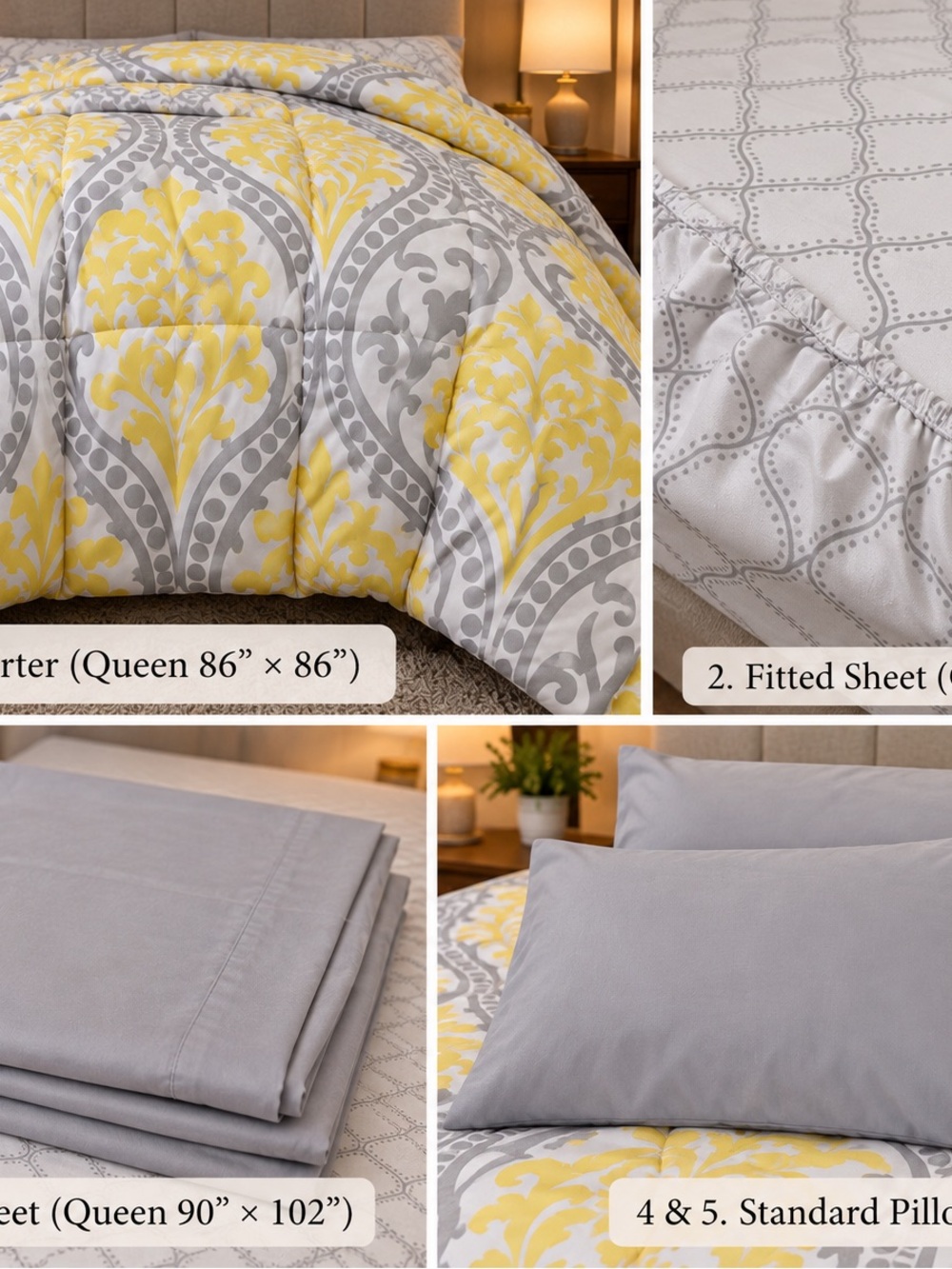 Mainstays Queen Yellow Gray Damask 5-Piece Comforter Sheet Set